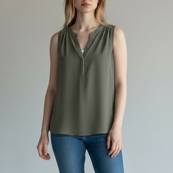 Calvin Klein Sleeveless Pleat Neck Embellished Top NWT Women's Sz S Tin Sleek - Picture 1 of 7